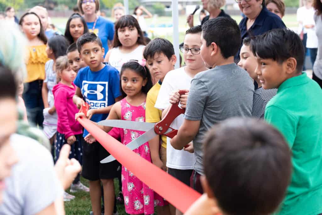 Northridge Elementary students at the ribbon-cutting ceremony for their new outdoor classroom. 