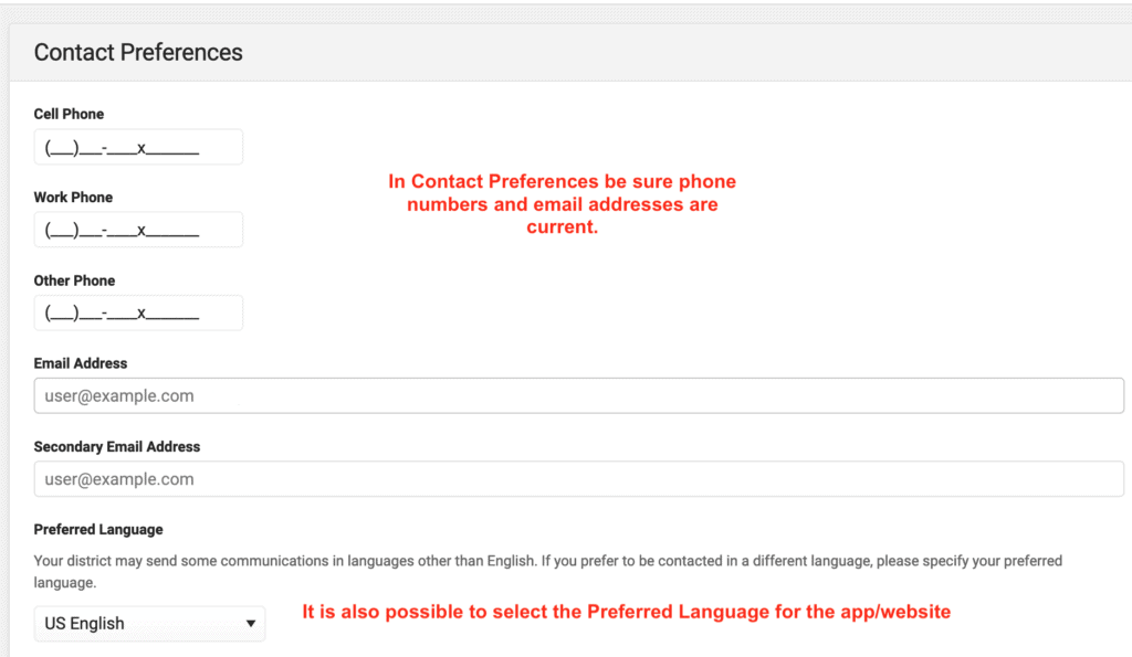 Captura de pantalla del Portal de Padres Infinite Campus , en Preferencias de contacto, asegúrese de que los números de teléfono y las direcciones de correo electrónico están actualizados.