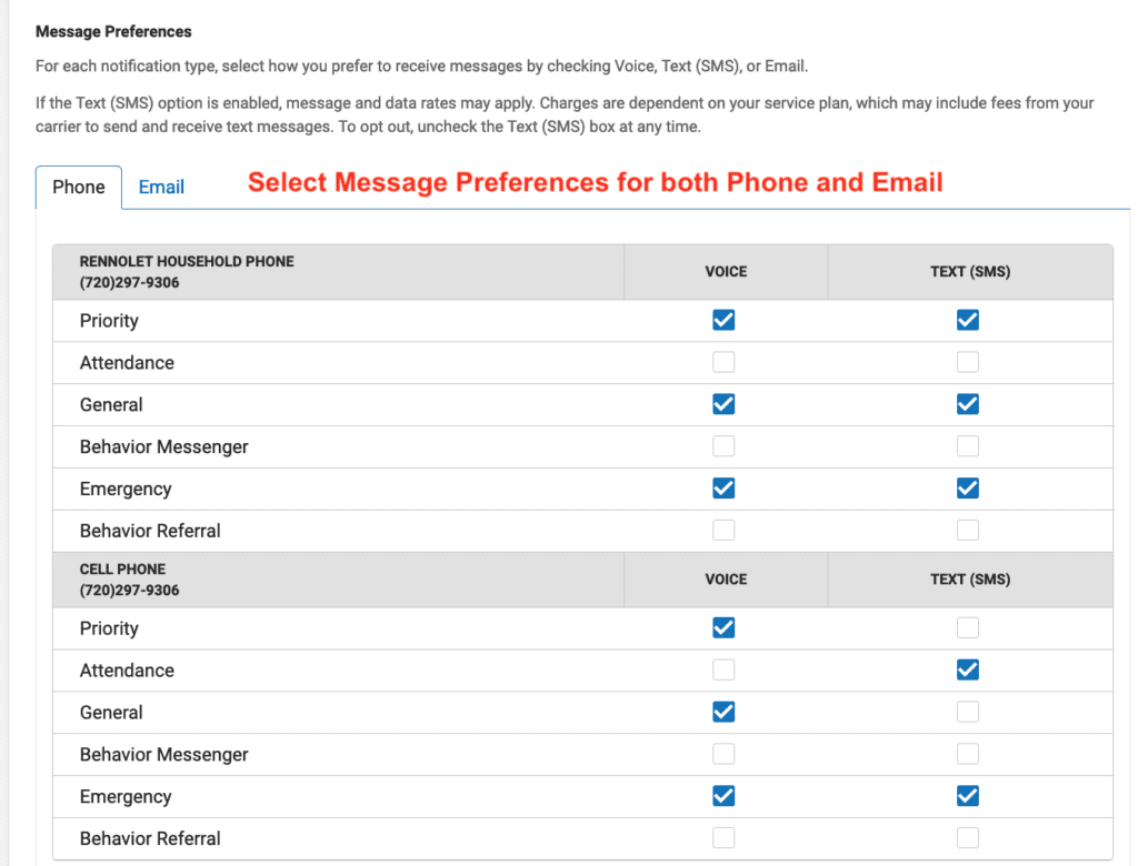 Captura de pantalla del portal de padres Infinite Campus , seleccione sus preferencias de mensajes tanto para teléfono como para correo electrónico.