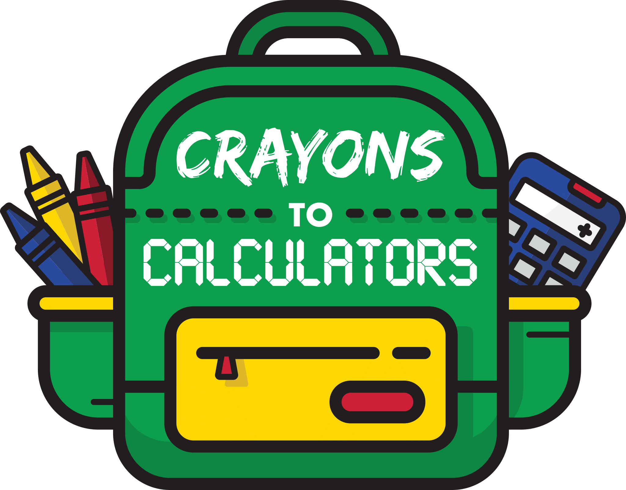 Crayons to Calculators logo with image of green backpack and school supplies