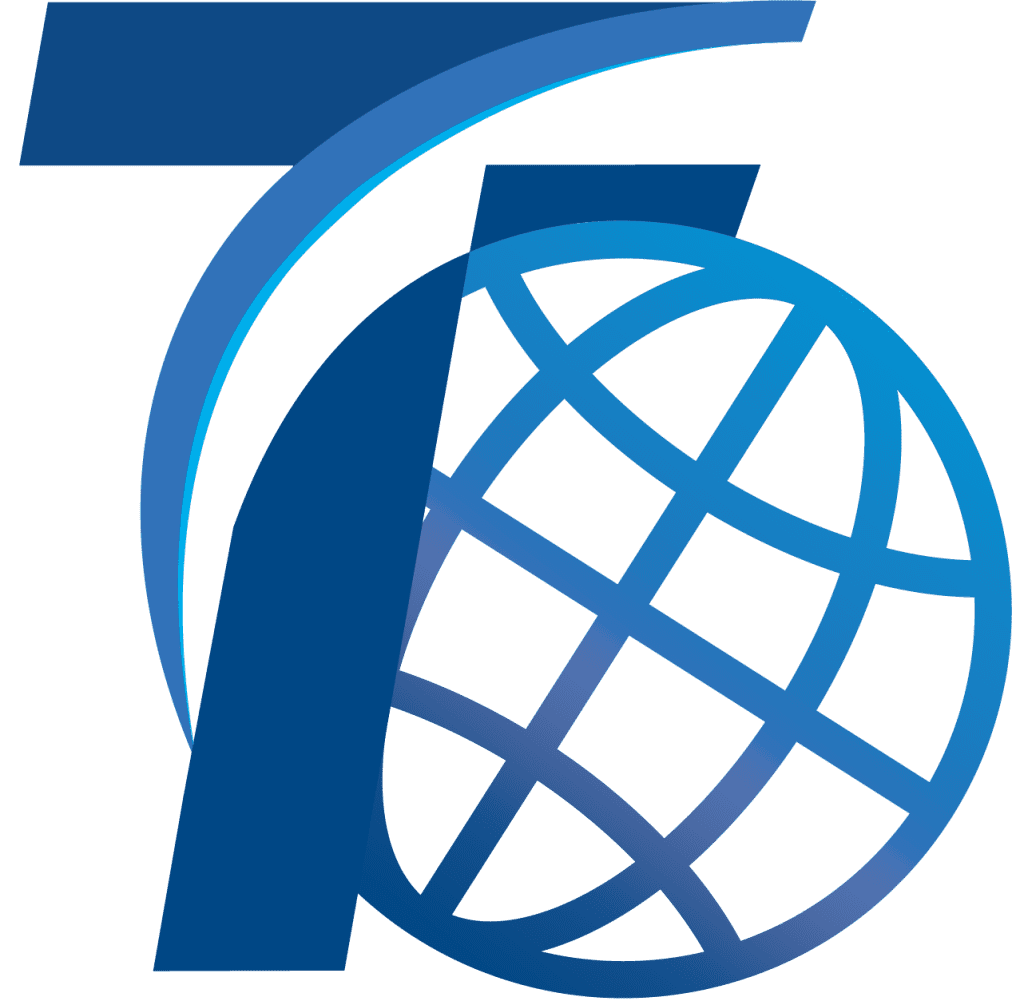 El logotipo de TrojanTECH incluye la letra T con un globo terráqueo estilizado detrás y un pico.