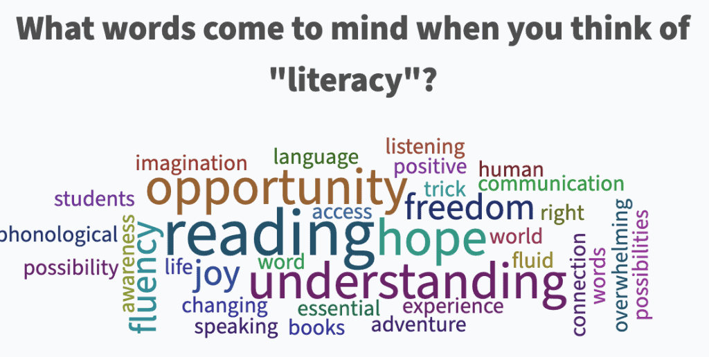 Word cloud created by Literacy Teachers defining any word or phrase that comes to mind when we think of literacy.