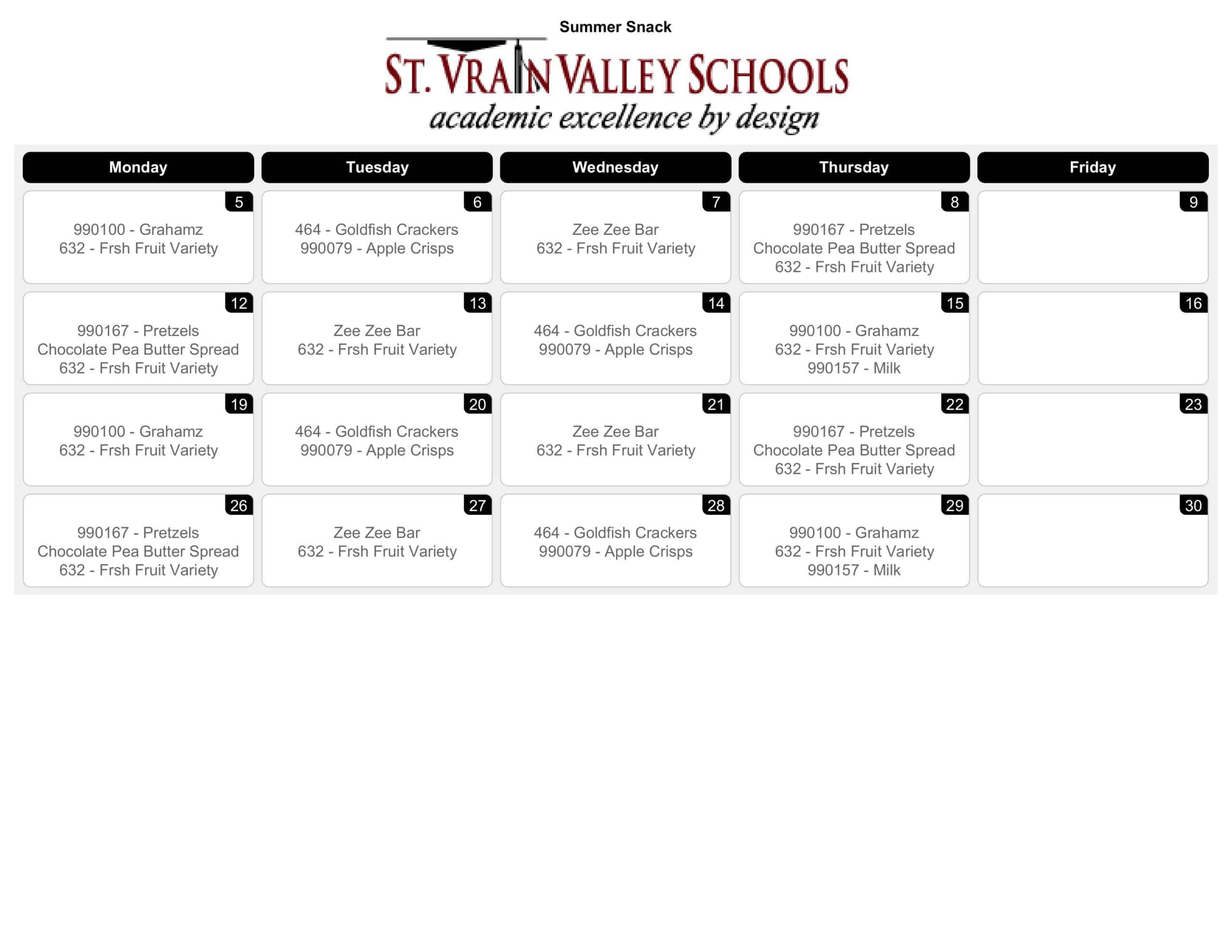 JUNE Summer Snack Menu Calendar – St. Vrain Valley Schools