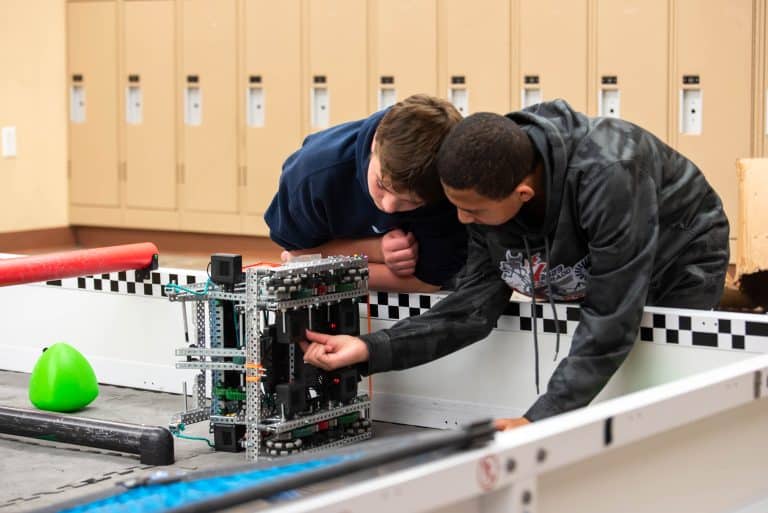 Trail Ridge Middle School students working on robot in Robotics
