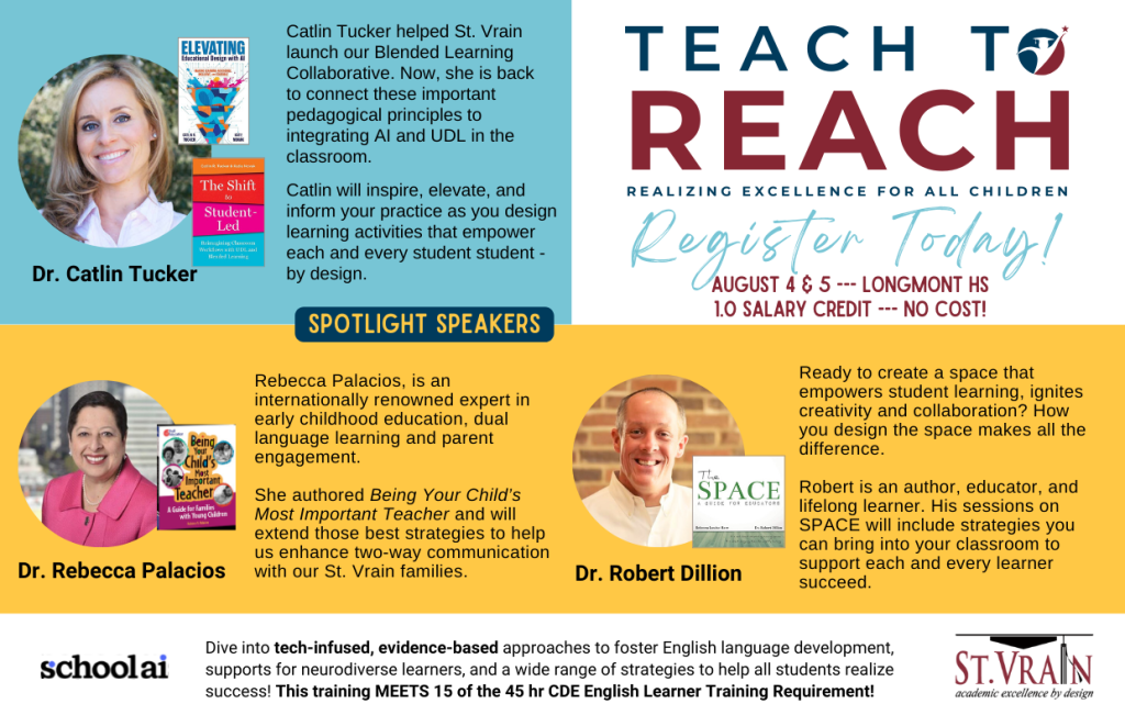 Event flyer for "Teach to Reach" conference featuring speakers Dr. Catlin Tucker, Dr. Rebecca Palacios, and Dr. Robert Dillon.