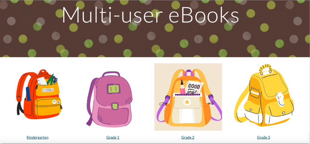 Colorful illustrations of backpacks for different grade levels: Kindergarten, Grade 1, Grade 2, and Grade 3.