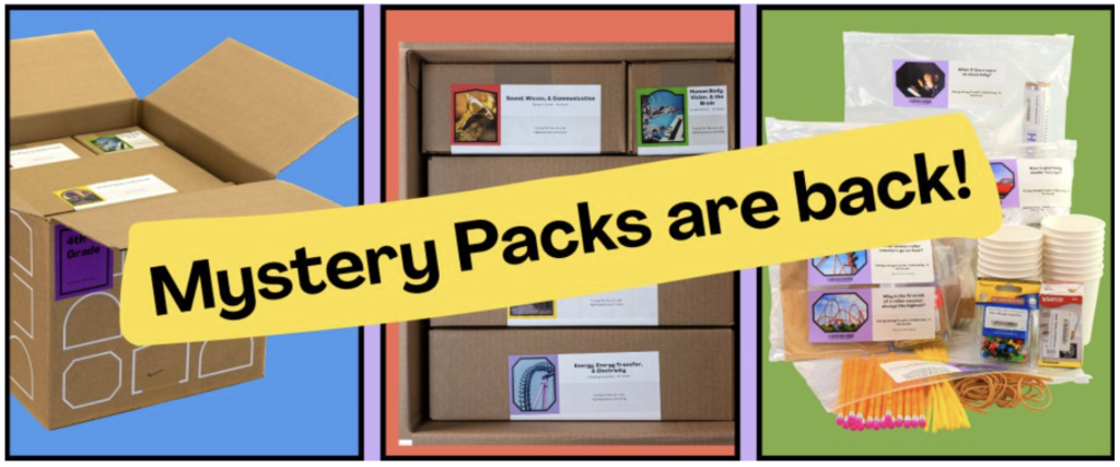 Boxes of mystery packs for educational activities, featuring various supplies and hands-on learning materials.