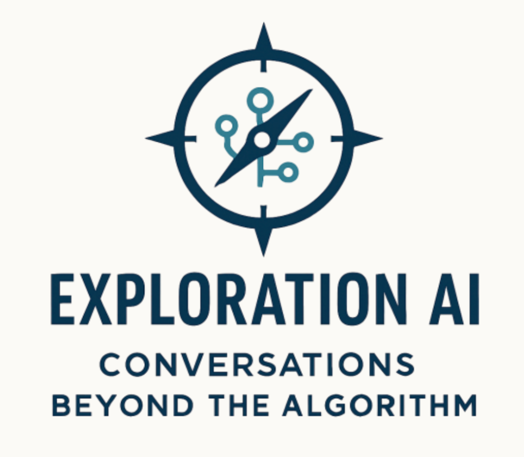 Logo for Exploration AI featuring a compass design with circuit patterns, and the tagline about conversations beyond algorithms.