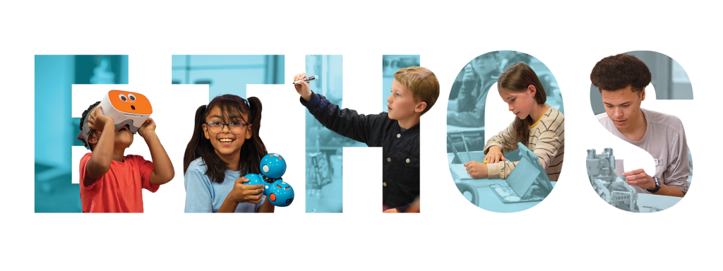 Children engaging in various activities, including VR, robotics, and coding, with "ETHICS" displayed prominently.