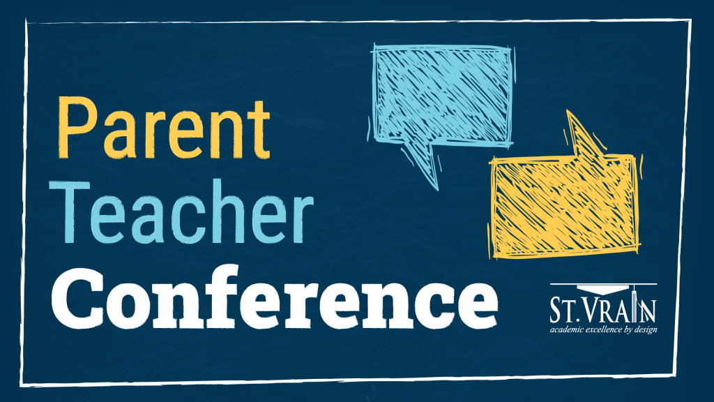 Graphic promoting a Parent Teacher Conference, featuring colorful speech bubbles and the St. Vrain logo.
