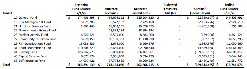 Amended budget summary for St. Vrain Valley School District for fiscal year ending June 30, 2025, listing various fund details.