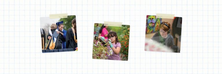 Three photos: a graduation hug, a child gardening, and a kid focused on art while wearing headphones.