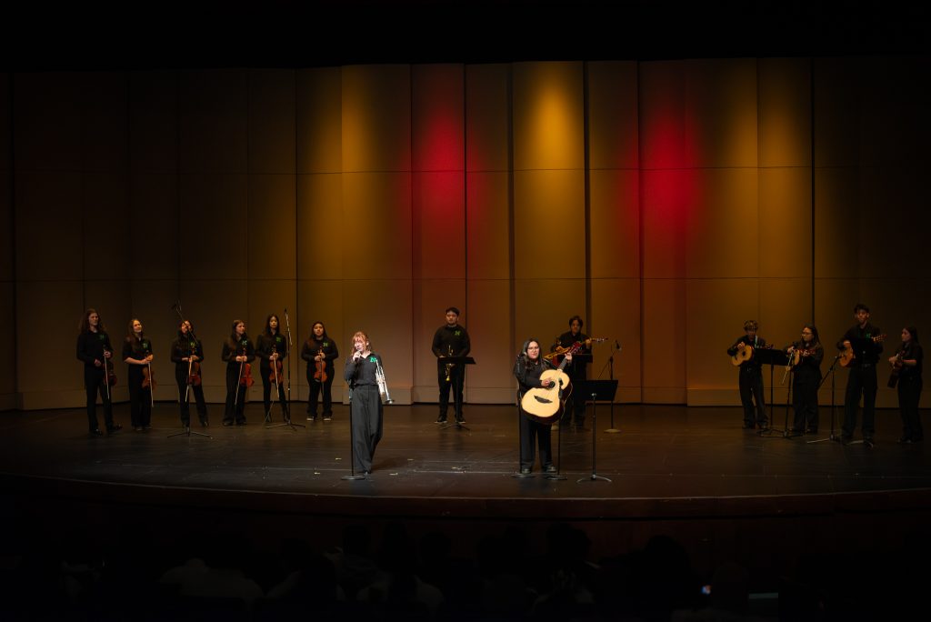 A musical performance on stage featuring a group of musicians with instruments, including violins and guitars.