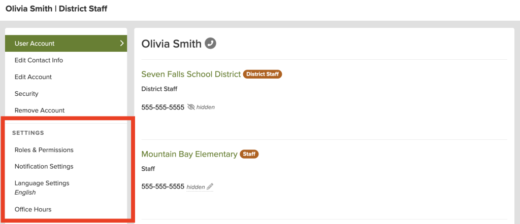 User account settings for Olivia Smith, including contact info, permissions, and language settings.