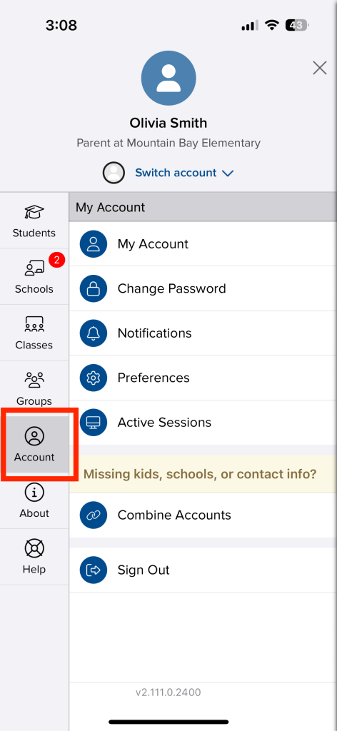 Screenshot of a mobile app showing account settings for a parent at Mountain Bay Elementary, with navigation options.