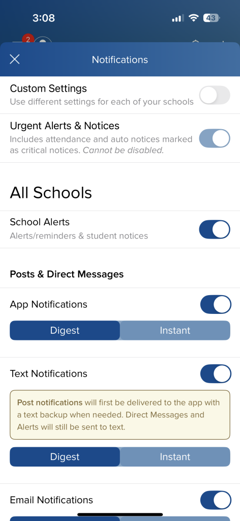 Settings menu for notifications, including options for alerts, app, text, and email notifications.