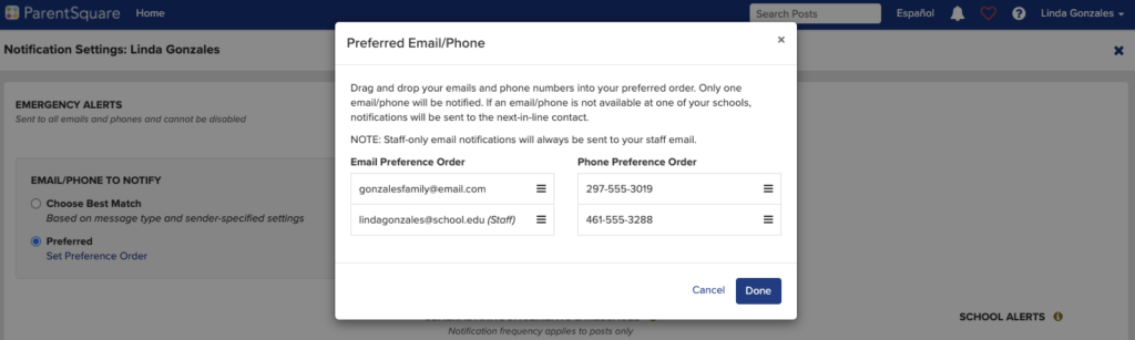 Notification settings screen for Linda Gonzales, displaying options for emergency alerts and preferred contact methods.