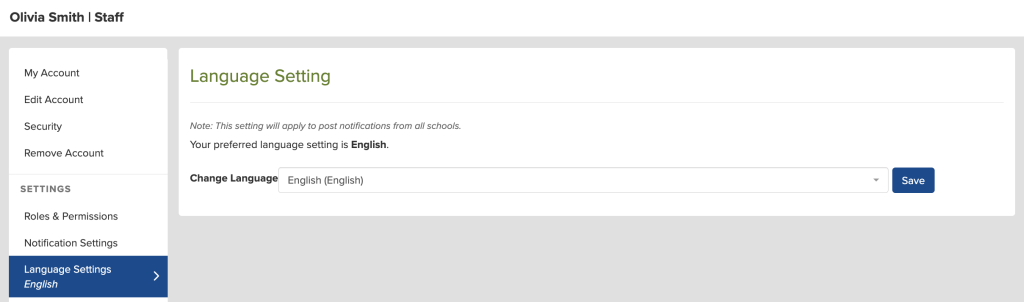 Language settings page displaying options for account management, with English selected as the preferred language.