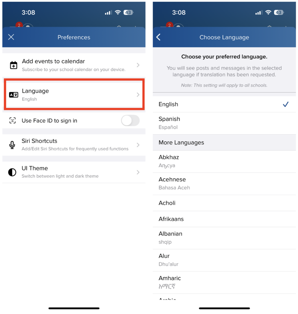 Screenshots of app settings showing language preferences, including options for English, Spanish, and more languages.