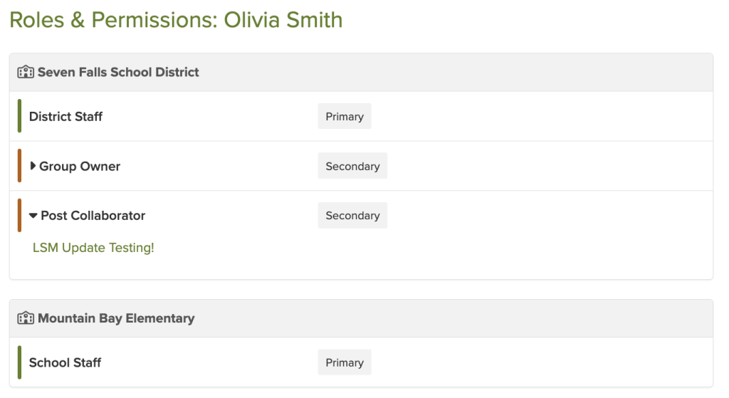 Roles and permissions for Olivia Smith at Seven Falls School District and Mountain Bay Elementary, showing staff designations.