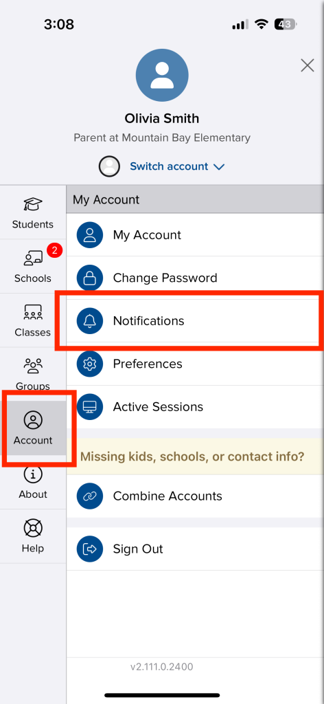 Mobile app interface showing account options for a parent, including notifications and account settings.