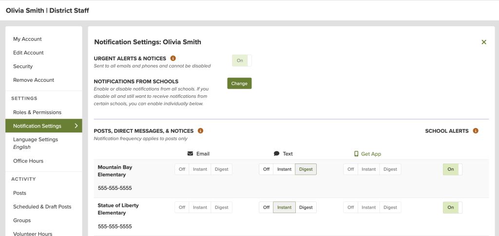 Notification settings page for Olivia Smith with options to manage alerts and messages from schools.