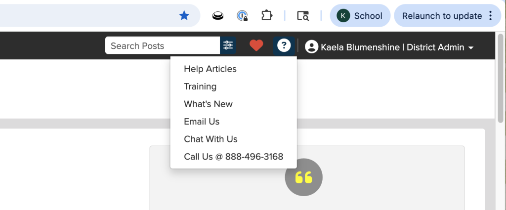 Screenshot of a user interface showing a search bar, user options, and a dropdown menu with support resources.