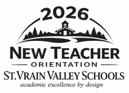 Logo for St. Vrain Valley Schools featuring "2026 New Teacher Orientation" with a schoolhouse and trees design.