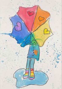 A colorful umbrella with hearts is held by a figure in a blue coat and rainbow-striped socks, standing in a puddle.