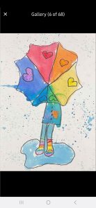 A colorful umbrella with hearts shelters a figure in a puddle, wearing rainbow socks and a blue outfit.