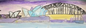 A colorful watercolor painting of Sydney's iconic Opera House and Harbour Bridge with a boat in the foreground.