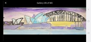 Watercolor painting of Sydney's skyline featuring the Opera House and Harbour Bridge against a purple sky.