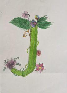 A colorful drawing of the letter "J" adorned with flowers and green leaves, showcasing a playful, natural theme.