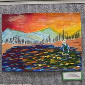 A colorful painting of a person fishing in a vibrant river with mountains and a sunset in the background.