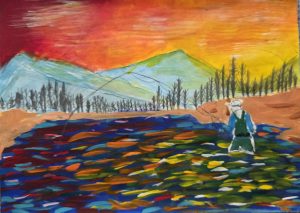 A person fishing in a colorful river with mountains and a sunset in the background, surrounded by bare trees.