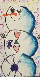 A colorful drawing of a snowman with a carrot nose, hearts, a triangle, and a snowflake on its body.