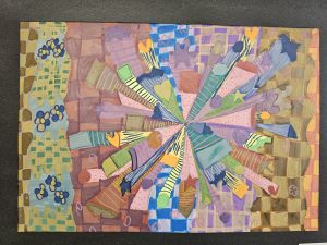 Colorful abstract artwork featuring geometric shapes and patterns radiating from the center, surrounded by various textures.