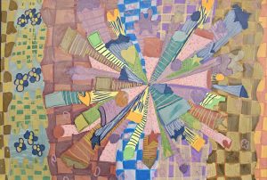 Colorful abstract artwork featuring geometric shapes radiating from the center, with vibrant patterns and textures.