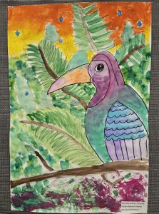 Colorful watercolor painting of a toucan perched on a branch amidst vibrant foliage and a bright background.
