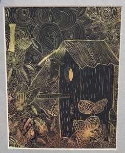 A stylized black and gold illustration of a bird on a birdhouse surrounded by swirling patterns and flowers.