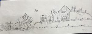 A pencil drawing of a rustic farm scene with two barns, trees, a fence, and a few animals in the foreground.