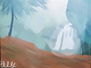 A misty landscape featuring a waterfall in the background, with soft blue and green hues and a reddish-brown foreground.