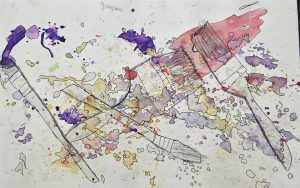 A colorful abstract painting featuring splashes of purple, yellow, and green, with paintbrushes in a dynamic arrangement.