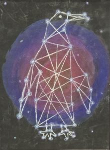 Abstract artwork depicting a cosmic network of nodes and lines, set against a dark, starry background.