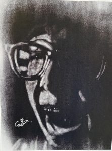 A monochrome portrait of a person wearing glasses, with abstract facial features and shadows.