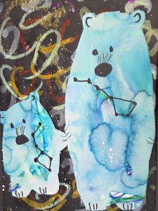 Two whimsical blue bears with constellations on their bodies stand against a black background with colorful swirls.