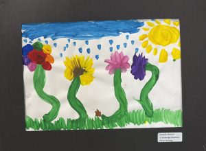 Flores de colores con tallos verdes y hierba, bajo un cielo azul con nubes y un sol radiante. Dibujo infantil.