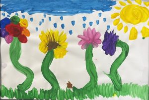 A colorful child’s painting featuring four flowers with green stems, a blue sky, and a bright yellow sun.