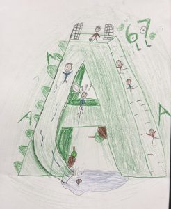A colorful drawing of a large letter "A" with stick figures playing, climbing, and splashing in water.