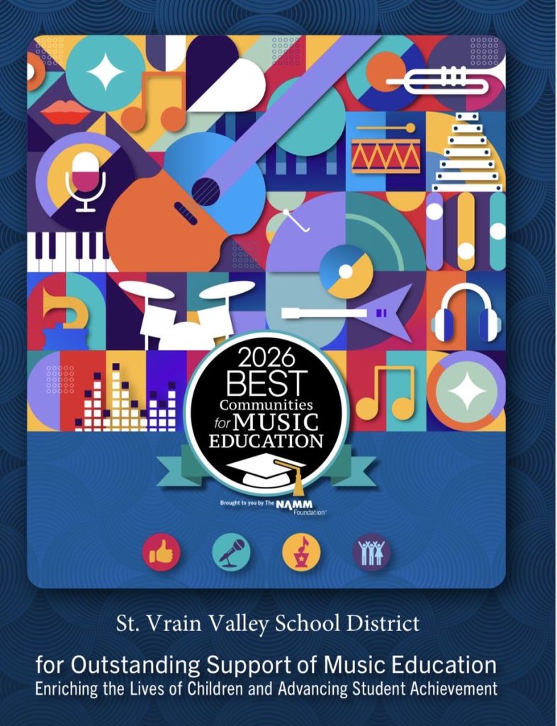 Colorful graphic celebrating St. Vrain Valley School District as a 2026 Best Community for Music Education.